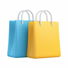 3D chubby cute cartoon shopping bags in blue and yellow, soft plastic texture, isolated on white background