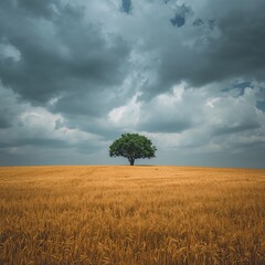 Lone Tree in Golden Wheat Field Under Stormy Sky — Symbol of Resilience and Solitude