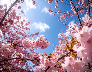 Pink cherry blossoms against a bright blue sky