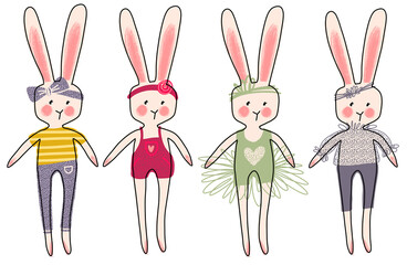 Stylized bunnies in different outfits – vector illustration for children, kids and Easter, t-shirt, fashion kids, accessories, doll