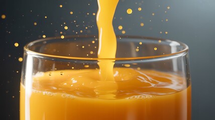 Pouring fresh orange juice into a glass with splashes and bubbles against a dark gray background view