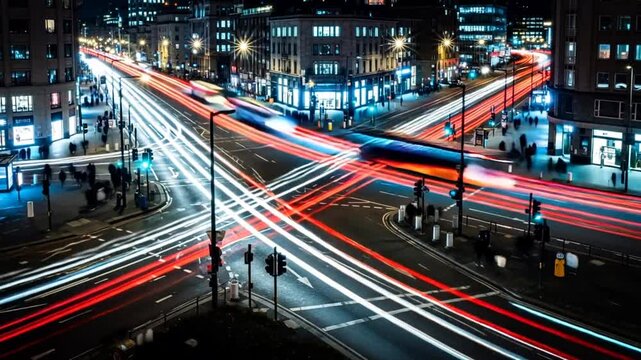 Night City Intersection: Light Trails of Traffic and Pedestrians