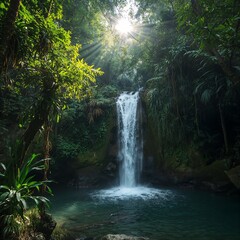 Sunlit Jungle Waterfall with Golden Rays Piercing Through Lush Green Forest