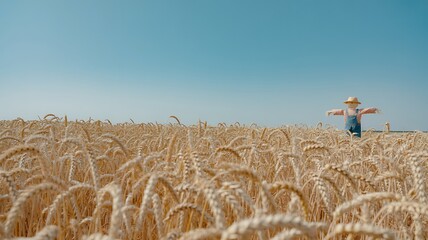 A scarecrow stands in a golden wheat field under a clear blue sky on a bright sunny day in the countryside