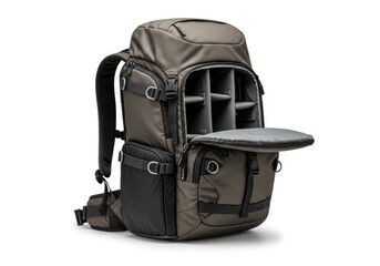 An open olive green and black equipment backpack showing adjustable padded internal compartments and external pockets presented on a white background