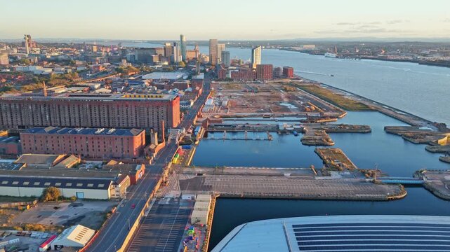 Cinematic aerial drone footage of the surrounding neighbourhood and housing near Everton FC&rsquo;s new Bramley-Moore Dock stadium in Liverpool. Captured at sunset, this video highlights the areas nearby.