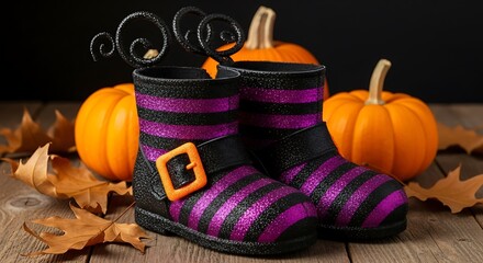 Halloween witch boots pumpkins autumn leaves spooky season decorations
