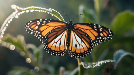 A monarch butterfly resting on a plant with dew drops in a close up shot on a blurred background