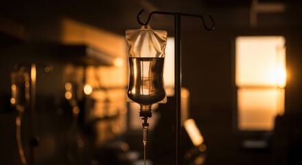 Intravenous therapy setup close up highlighting medical treatment with warm lighting atmosphere