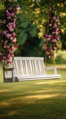 Serene garden swing adorned with vibrant flowers, set in a lush green landscape under soft sunlight