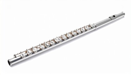 Fototapeta premium Describe a silver flute with cylindrical body, metal keys, and mouthpiece, placed against a white background. Highlight its sleek design and relevance to classical music and woodwind instruments.