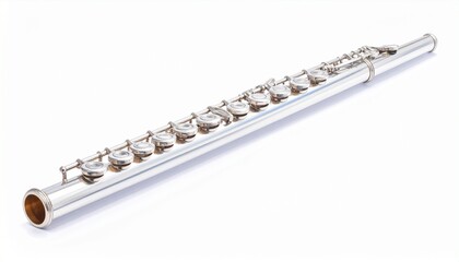 Fototapeta premium Describe a silver flute with cylindrical body, metal keys, and mouthpiece, placed against a white background. Highlight its sleek design and relevance to classical music and woodwind instruments.