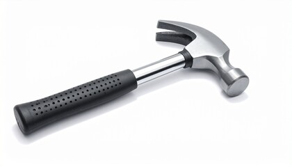 Describe a claw hammer with metal head, flat striking surface, curved nail-pulling claw, and black rubber grip handle. Highlight its utility for carpentry, construction, and home repair tasks.