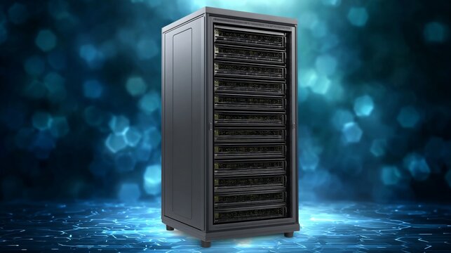 Powerful server rack on abstract blue background showcasing data storage and processing capabilities
