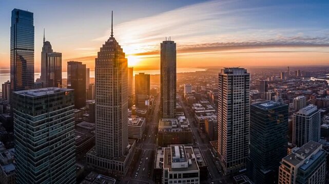 Breathtaking Aerial View of a City Skyline at Sunrise with Golden Light
