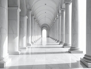Angled View of Marble Corridor with Columns and Arches, Dramatic Shadows, Isolated