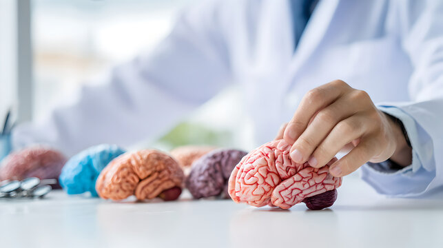 A researcher in a white coat selects a colorful brain model for study.