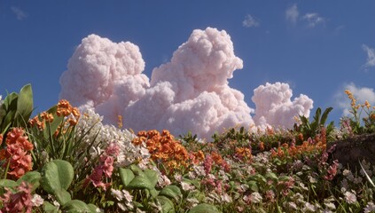 Lush floral foreground with colorful blooms under pink, fluffy clouds in bright blue sky