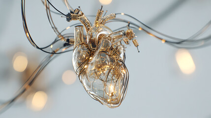 An intricate glass and gold anatomical heart glows with connected energy wires.
