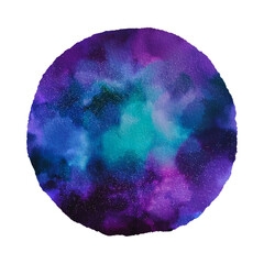 Abstract watercolor circle with vibrant blue and purple hues.