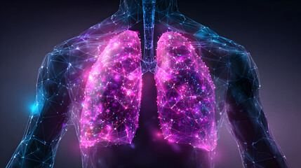 A transparent human torso reveals glowing geometric lungs made of network connections.

