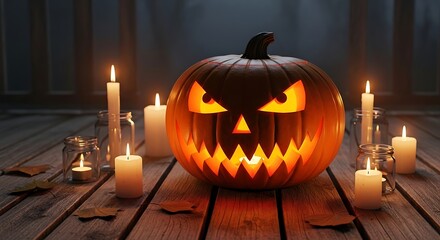 Obraz premium Carved Pumpkin Glowing with Candles on Rustic Wooden Table