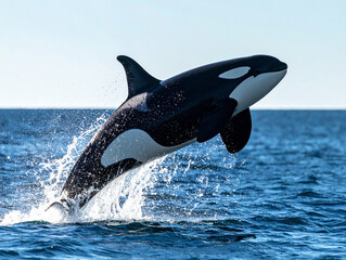  Dynamic Side Profile of Orca Jumping Out of Water in Mid-Air, Isolated PNG