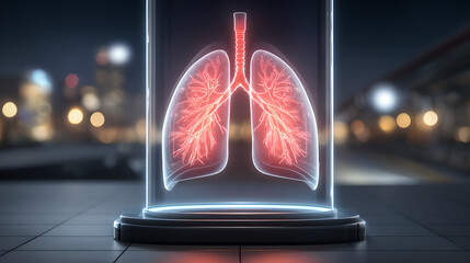 Abstract pink crystalline lungs are preserved in a smoky glass display case.
