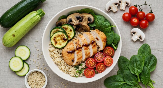 Overhead grain bowl with chicken, rice, zucchini, and tomatoes, styled with raw veggies and herbs around it for a fresh and aesthetic look