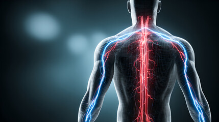 The human circulatory system glows within a transparent digital model of a torso.
