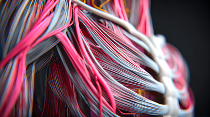 A detailed macro view of a 3D model showing muscle fiber anatomy.

