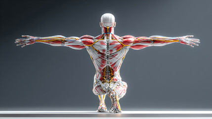 A complete anatomical model shows muscular, skeletal, and nervous systems from behind.
