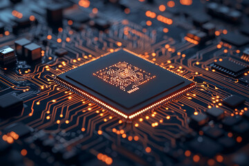 close up of circuit board with glowing components and intricate details, showcasing technology and innovation