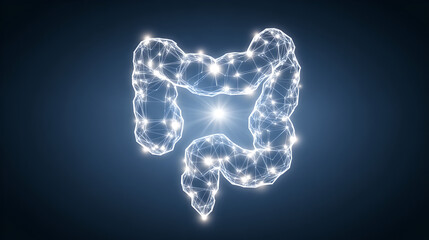 A stylized, digital intestine icon formed from a glowing plexus network light.
