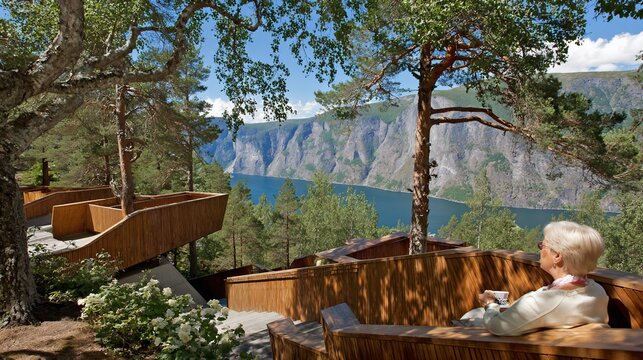 Scenic Norway Fjord View from Stegastein Viewpoint with Relaxing Senior Woman Enjoying the Landscape