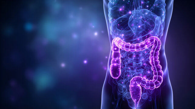 A transparent human torso revealing a luminous, purple digestive system inside.
