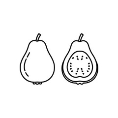 Guava fruit displayed whole and halved showing seeds in a simple line drawing on white, clean backdrop, perfect for minimalist food themes.