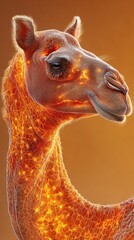 Mutant camel reflecting sunlight in desert oasis unique animal concept with translucent skin
