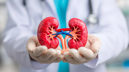 A doctor wearing gloves carefully holds a detailed model of human kidneys.

