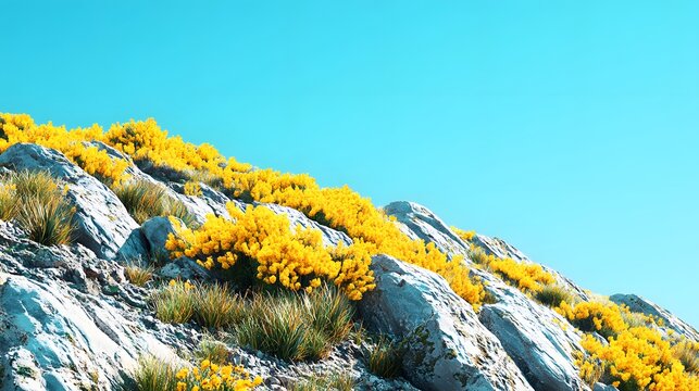 Vibrant yellow gorse flowers on rocky mountain slope, blooming wild shrubs under clear blue sky, bright spring landscape with granite rocks and gorse bushes, scenic nature background