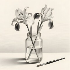 Still life of lilies in a glass jar with a paintbrush