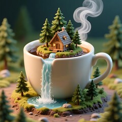 Miniature house on an island in a coffee cup waterfall