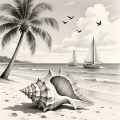Seashell on a beach with palm tree and sailboats