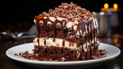 Plate with slice of tasty homemade chocolate cake on table