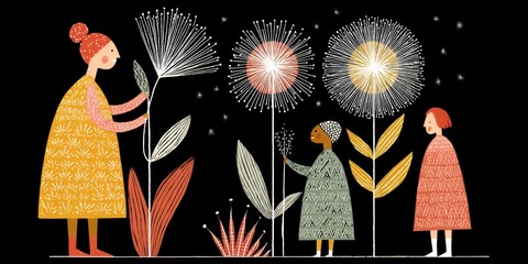 Cartoon celebration of black history month with fireworks symbols in a festive environment