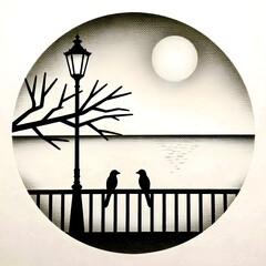 Two birds on railing with lamp post and moon at night