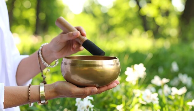 Hands playing metal singing bowl outdoors in green nature