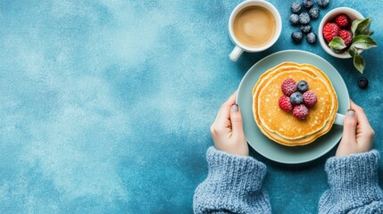 Savoring a cozy breakfast pancakes and coffee flatlay in a bright kitchen setting
