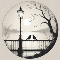 Two birds on a railing by a lamppost and lake