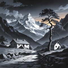 Snowy mountain village with a lone tree at sunset